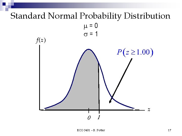 Standard Normal Probability Distribution f (z ) =0 =1 0 1 ECO 3401 – Standard Normal Probability Distribution f (z ) =0 =1 0 1 ECO 3401 –