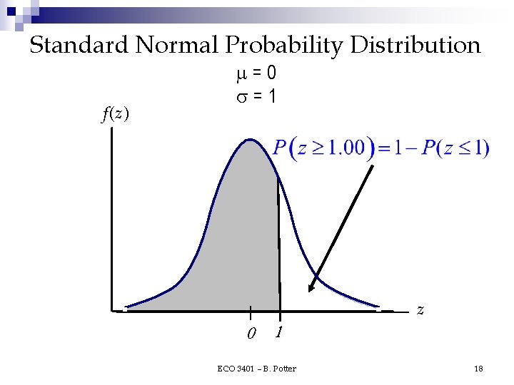 Standard Normal Probability Distribution f (z ) =0 =1 0 1 ECO 3401 – Standard Normal Probability Distribution f (z ) =0 =1 0 1 ECO 3401 –