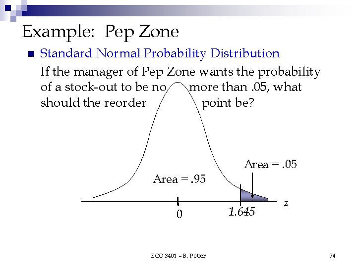 Example: Pep Zone n Standard Normal Probability Distribution If the manager of Pep Zone Example: Pep Zone n Standard Normal Probability Distribution If the manager of Pep Zone