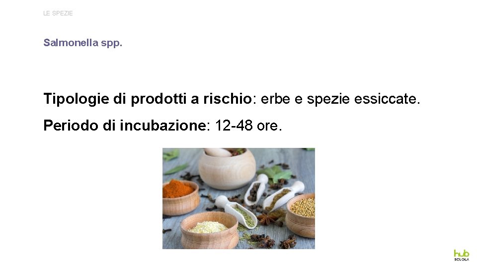 LE SPEZIE Salmonella spp. Tipologie di prodotti a rischio: erbe e spezie essiccate. Periodo