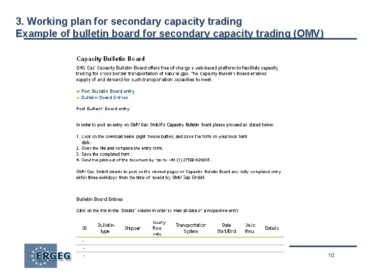 3. Working plan for secondary capacity trading Example of bulletin board for secondary capacity