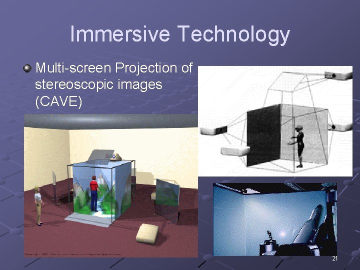 Immersive Technology Multi-screen Projection of stereoscopic images (CAVE) 21 