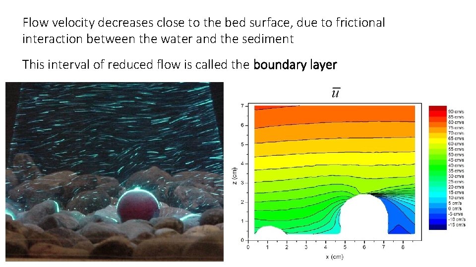 Flow velocity decreases close to the bed surface, due to frictional interaction between the