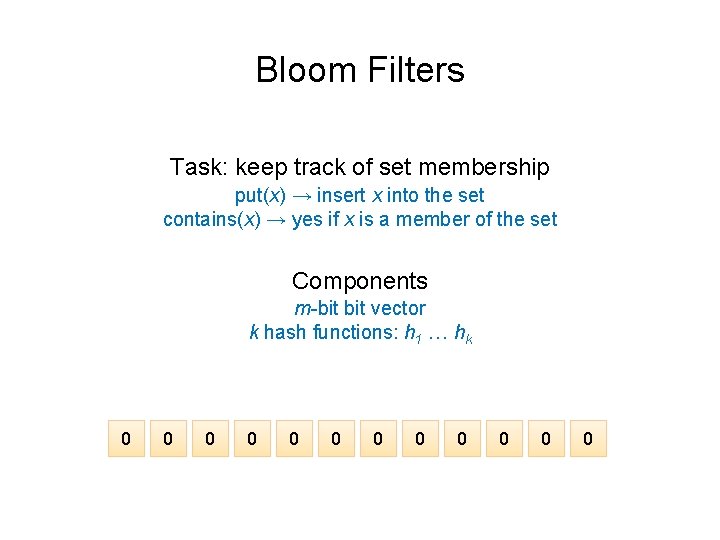 Bloom Filters Task: keep track of set membership put(x) → insert x into the