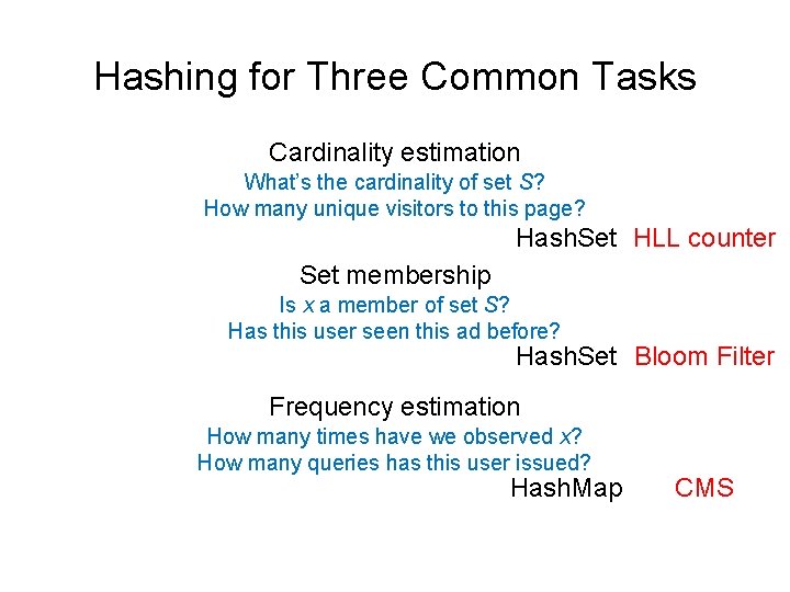 Hashing for Three Common Tasks Cardinality estimation What’s the cardinality of set S? How