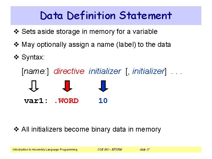Data Definition Statement v Sets aside storage in memory for a variable v May