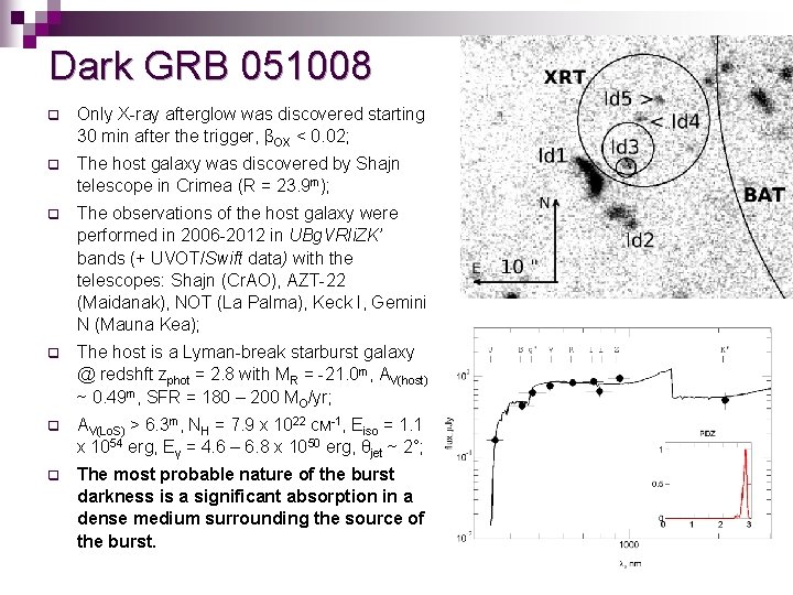 Dark GRB 051008 q Only X-ray afterglow was discovered starting 30 min after the