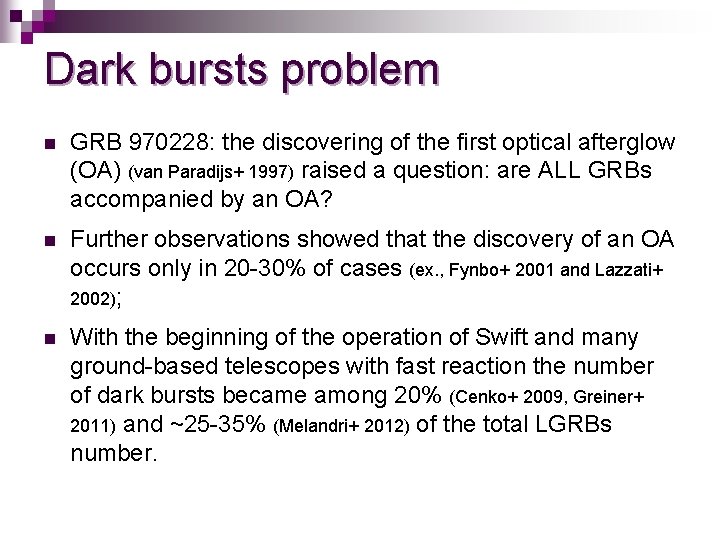 Dark bursts problem n GRB 970228: the discovering of the first optical afterglow (OA)