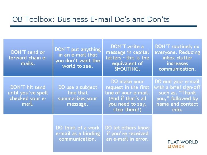 OB Toolbox: Business E-mail Do’s and Don’ts DON’T send or forward chain emails. DON’T