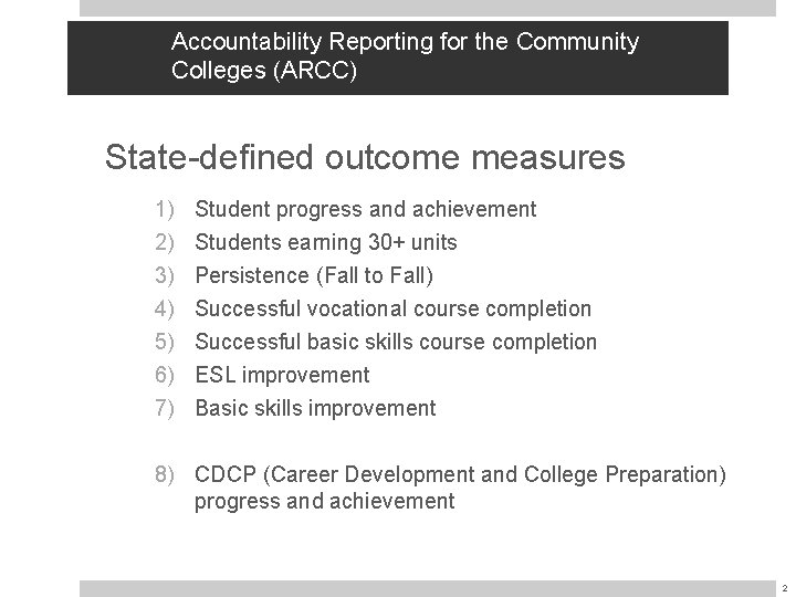 Accountability Reporting for the Community Colleges (ARCC) State-defined outcome measures 1) 2) 3) 4)