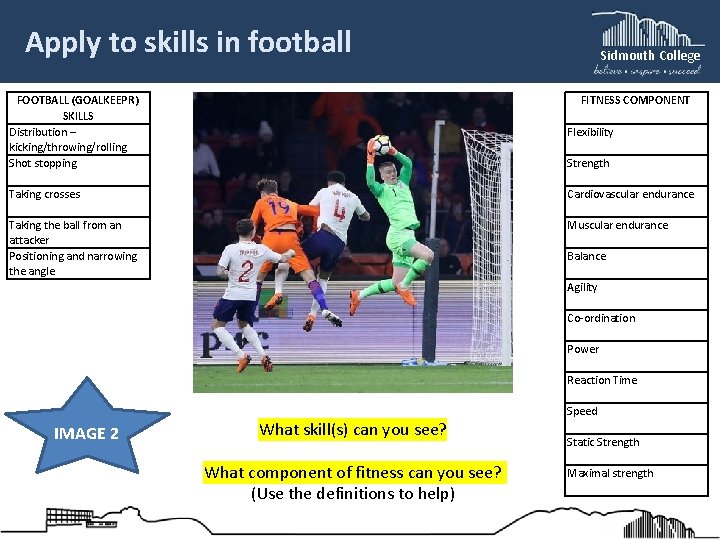 Apply to skills in football Sidmouth College FITNESS COMPONENT FOOTBALL (GOALKEEPR) SKILLS Distribution –