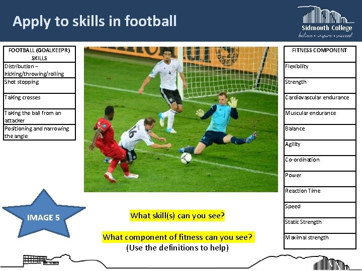 Apply to skills in football Sidmouth College FITNESS COMPONENT FOOTBALL (GOALKEEPR) SKILLS Distribution –