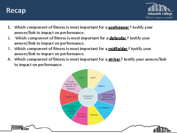 Recap Sidmouth College 1. Which component of fitness is most important for a goalkeeper