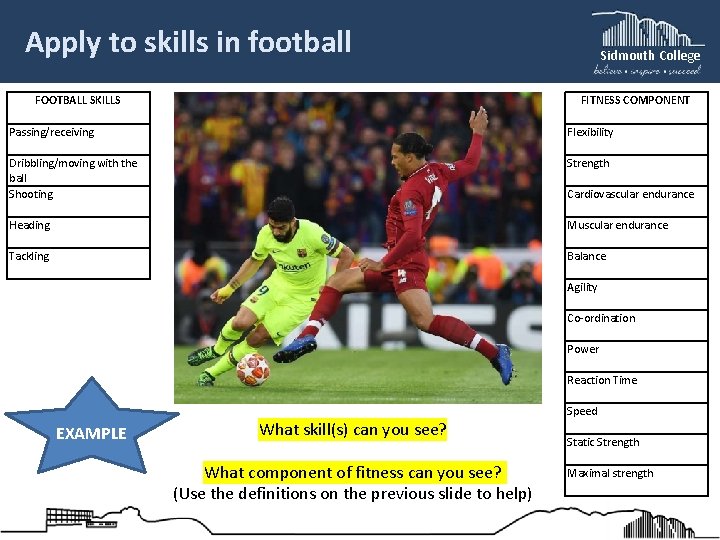 Apply to skills in football Sidmouth College FITNESS COMPONENT FOOTBALL SKILLS Passing/receiving Flexibility Dribbling/moving