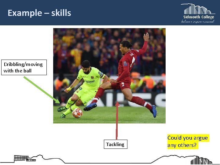 Example – skills Sidmouth College Dribbling/moving with the ball Tackling Could you argue any