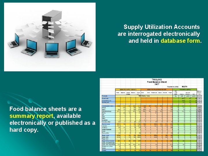 Supply Utilization Accounts are interrogated electronically and held in database form. Food balance sheets