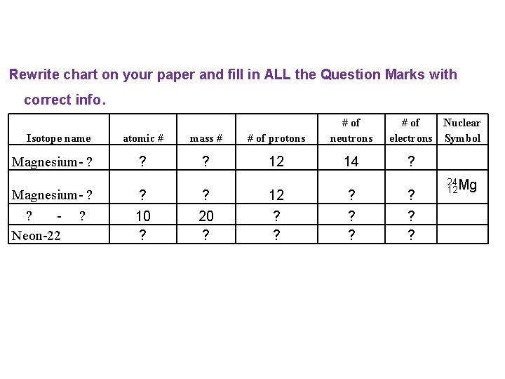 Rewrite chart on your paper and fill in ALL the Question Marks with correct