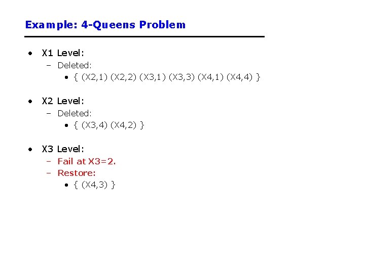 Example: 4 -Queens Problem • X 1 Level: – Deleted: • { (X 2,