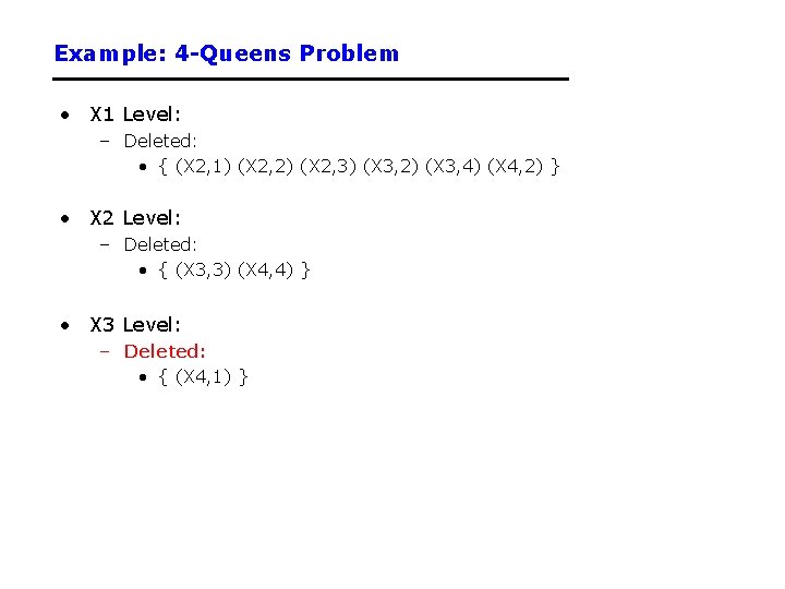 Example: 4 -Queens Problem • X 1 Level: – Deleted: • { (X 2,