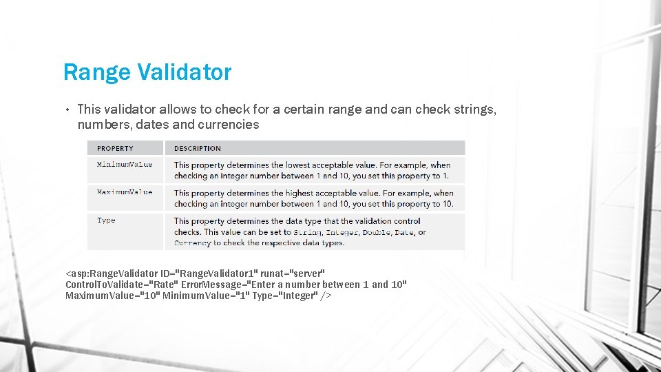 Range Validator • This validator allows to check for a certain range and can