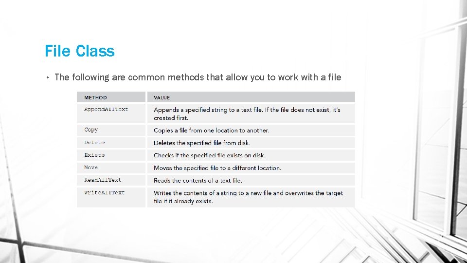 File Class • The following are common methods that allow you to work with