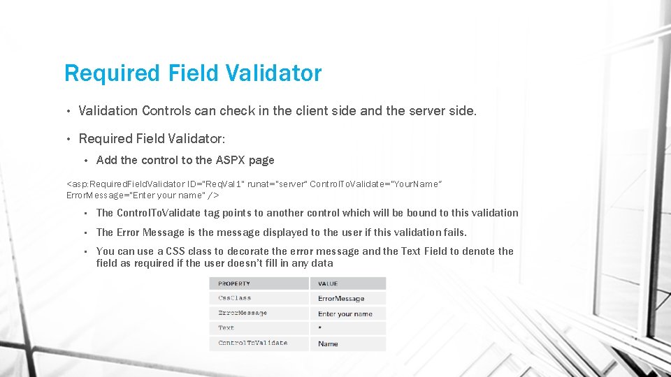 Required Field Validator • Validation Controls can check in the client side and the