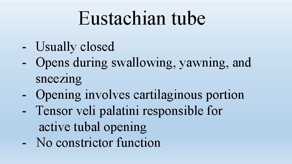 Eustachian tube - Usually closed - Opens during swallowing, yawning, and sneezing - Opening