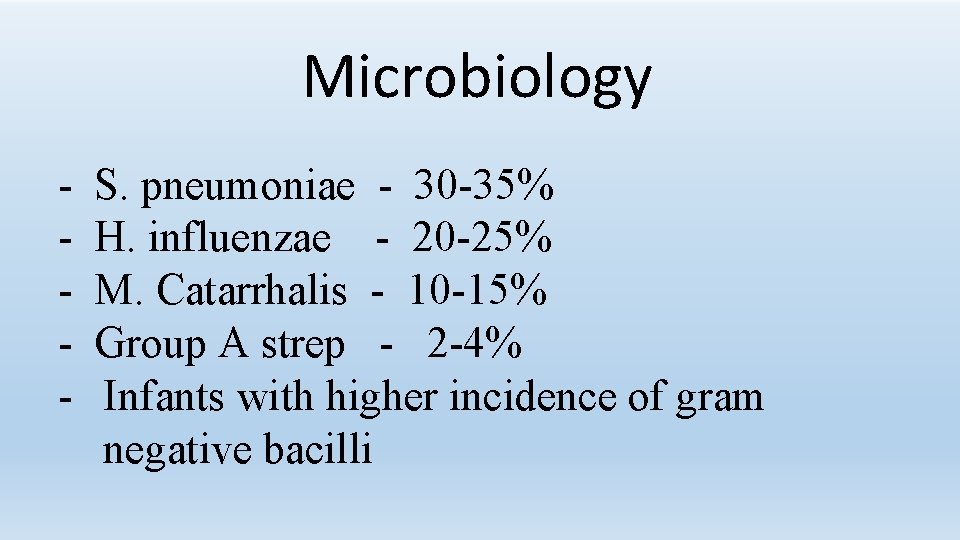 Microbiology - S. pneumoniae - 30 -35% H. influenzae - 20 -25% M. Catarrhalis