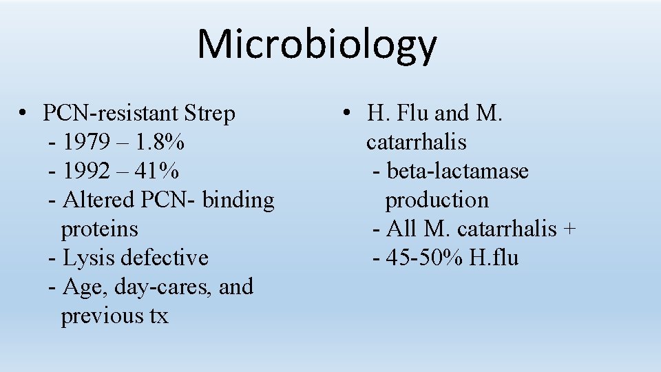 Microbiology • PCN-resistant Strep - 1979 – 1. 8% - 1992 – 41% -