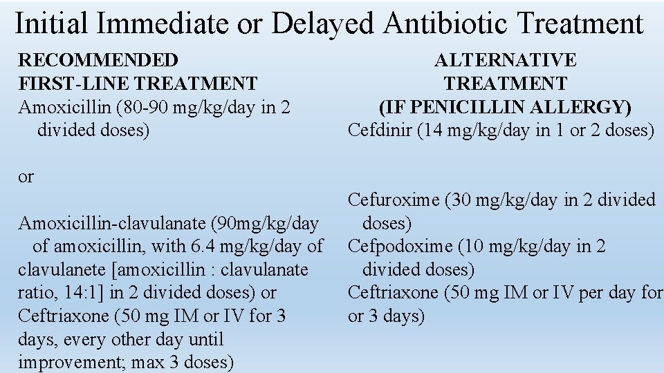Initial Immediate or Delayed Antibiotic Treatment RECOMMENDED FIRST-LINE TREATMENT Amoxicillin (80 -90 mg/kg/day in