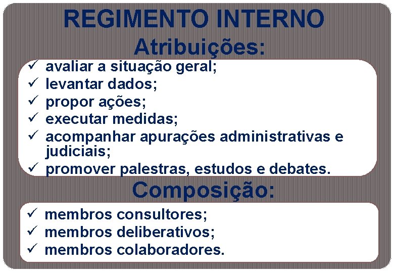 REGIMENTO INTERNO ü ü ü Atribuições: avaliar a situação geral; levantar dados; propor ações;