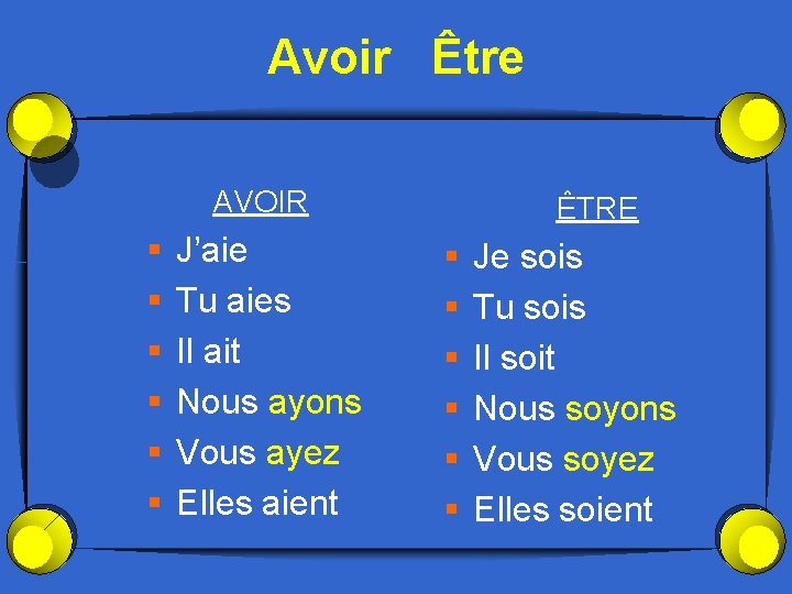 Avoir Être AVOIR § § § J’aie Tu aies Il ait Nous ayons Vous