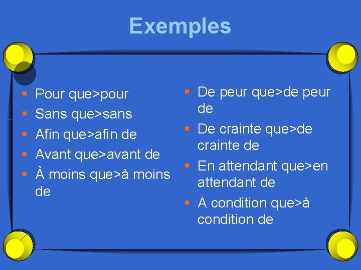 Exemples § § § De peur que>de peur Pour que>pour de Sans que>sans §