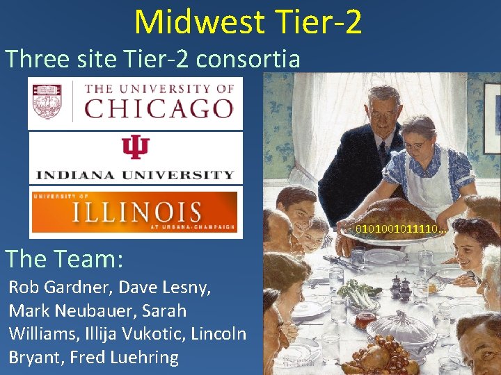 Midwest Tier-2 Three site Tier-2 consortia 0101001011110… The Team: Rob Gardner, Dave Lesny, Mark