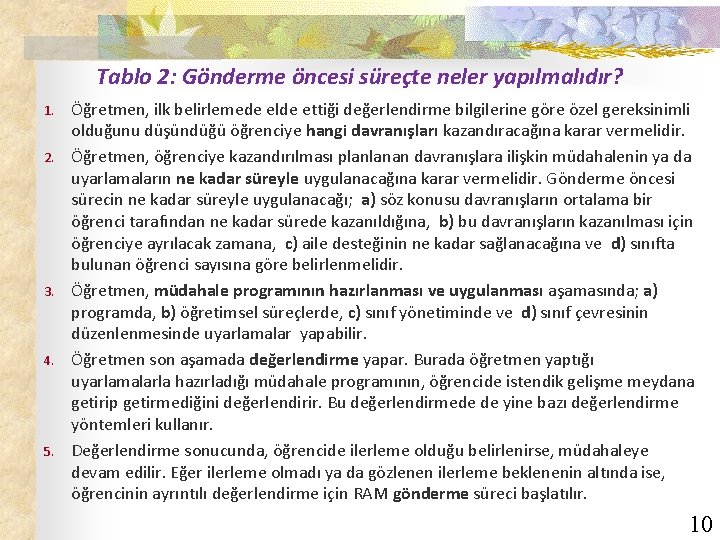 Tablo 2: Gönderme öncesi süreçte neler yapılmalıdır? 1. 2. 3. 4. 5. Öğretmen, ilk