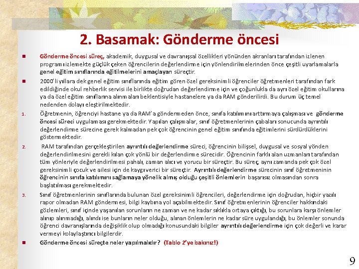 2. Basamak: Gönderme öncesi n n 1. 2. 3. n Gönderme öncesi süreç, akademik,