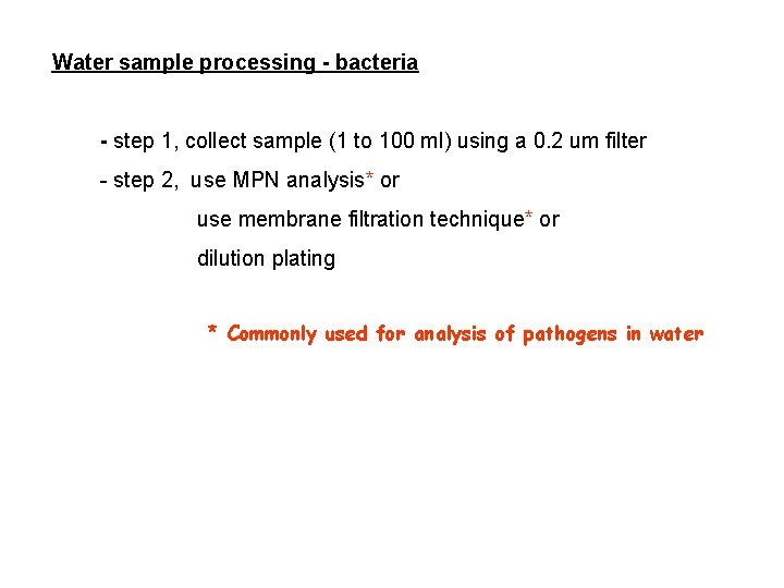Water sample processing - bacteria - step 1, collect sample (1 to 100 ml) Water sample processing - bacteria - step 1, collect sample (1 to 100 ml)