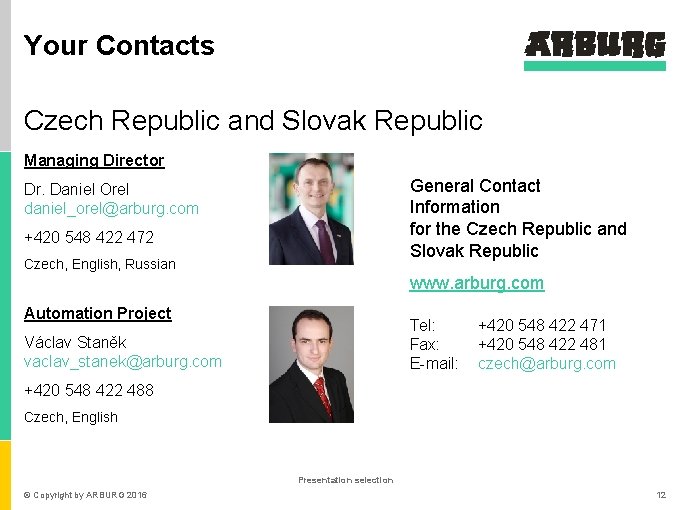 Your Contacts Czech Republic and Slovak Republic Managing Director General Contact Information for the