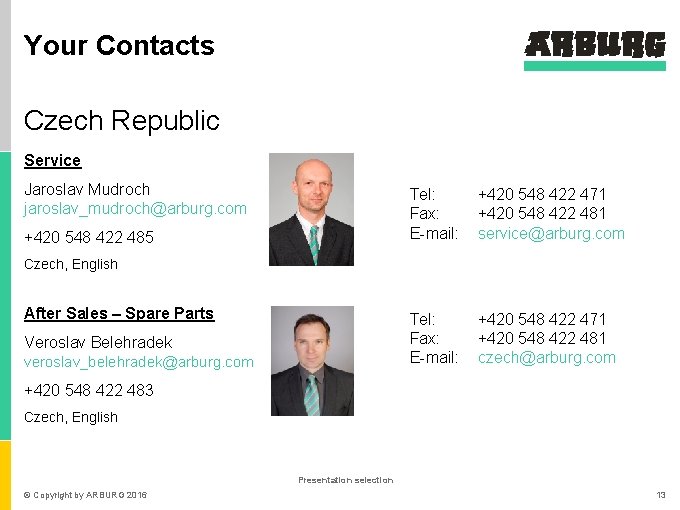 Your Contacts Czech Republic Service Jaroslav Mudroch jaroslav_mudroch@arburg. com +420 548 422 485 Tel: