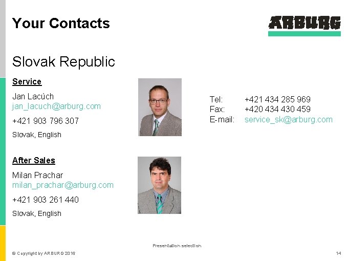 Your Contacts Slovak Republic Service Jan Lacúch jan_lacuch@arburg. com Tel: Fax: E-mail: +421 903
