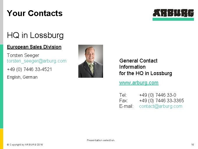 Your Contacts HQ in Lossburg European Sales Division Torsten Seeger torsten_seeger@arburg. com General Contact
