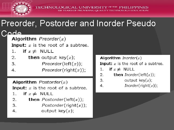 Preorder, Postorder and Inorder Pseudo Code 