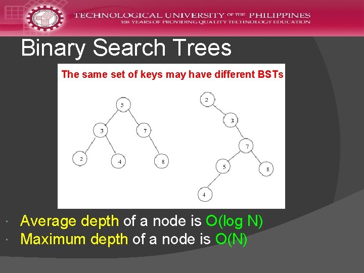 Binary Search Trees The same set of keys may have different BSTs Average depth