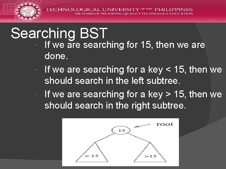 Searching BST If we are searching for 15, then we are done. If we