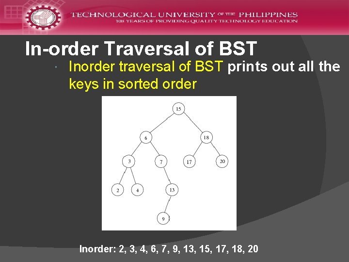 In-order Traversal of BST Inorder traversal of BST prints out all the keys in