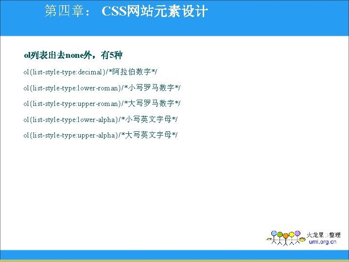 第四章： CSS网站元素设计 ol列表出去none外，有5种 ol{list-style-type: decimal}/*阿拉伯数字*/ ol{list-style-type: lower-roman}/*小写罗马数字*/ ol{list-style-type: upper-roman}/*大写罗马数字*/ ol{list-style-type: lower-alpha}/*小写英文字母*/ ol{list-style-type: upper-alpha}/*大写英文字母*/ 