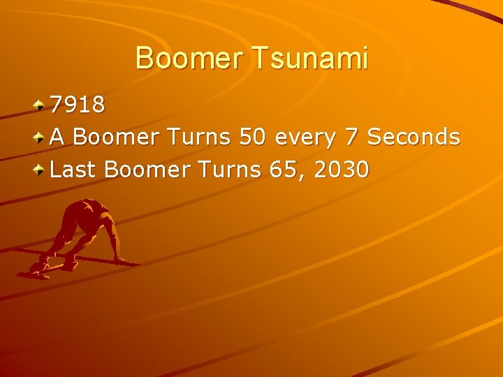 Boomer Tsunami 7918 A Boomer Turns 50 every 7 Seconds Last Boomer Turns 65,