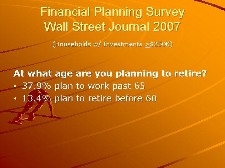 Financial Planning Survey Wall Street Journal 2007 (Households w/ Investments >$250 K) At what