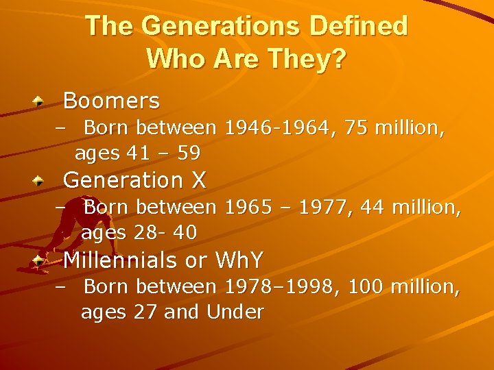 The Generations Defined Who Are They? Boomers – Born between 1946 -1964, 75 million,