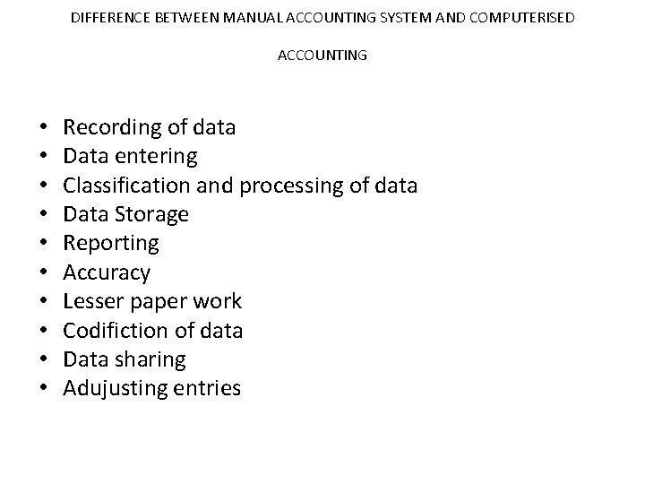 DIFFERENCE BETWEEN MANUAL ACCOUNTING SYSTEM AND COMPUTERISED ACCOUNTING • • • Recording of data DIFFERENCE BETWEEN MANUAL ACCOUNTING SYSTEM AND COMPUTERISED ACCOUNTING • • • Recording of data